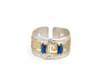 Greek Key Crystal Silver Ring, Meander Jewelry, Greek Ring, Blue Stone Ring, Band Ring, Gift for wife, Gift for Women, Easter Gifts