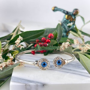 Evil eye cuff bracelet Handmade sterling silver Greek key bracelet Good luck bracelet Evil Eye Jewelry Link charm bracelet Greek jewelry