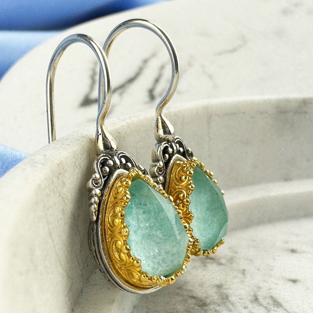 Gerochristo Jewelry Amazonite Drop Earrings Sterling Silver Gold Plated
