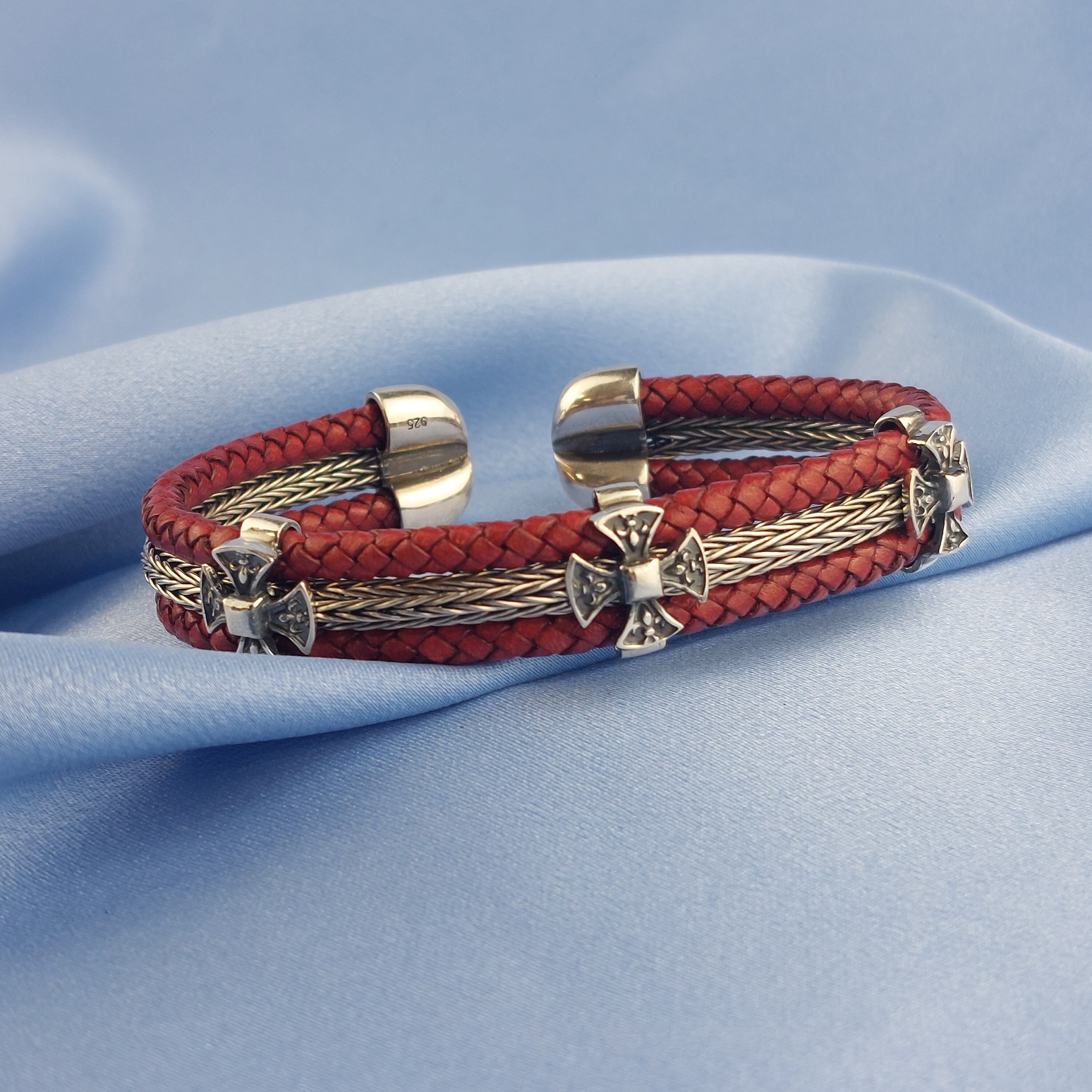 Cross Leather Bracelet for Men, Statement Cross Bracelet for Him