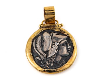 Athena Chalinitis Coin Pendant – 14K Gold 925 Sterling Silver, Ancient greek coin, Athena pendant, Antique pendant, Greek Jewelry
