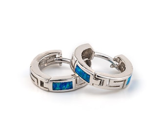 Blue Opal Hoop Earrings Sterling Silver, Greek Key Meander Hoops, Opal Earrings, Ancient Greek Jewelry, Gift for Her