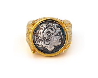 Alexander der Große Münzsiegelring, Antike griechische Münze Ring, Silber und vergoldeter griechischer Schmuck, Alexander der Große Münze Siegelring