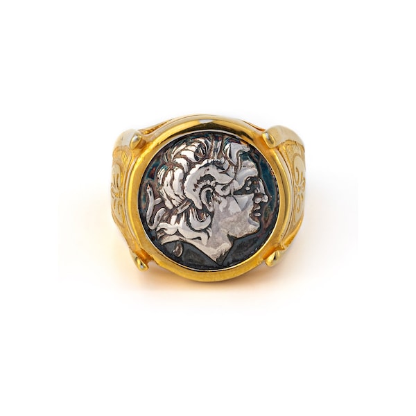 Ancient Greek Coin Alexander Coin Silver and Gold plated Ring, Alexander The Great Ring, Coin Signet Ring, Alexander Ring, Greek Jewelry