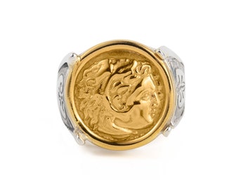 Anillo de moneda de Hércules: joyería de mitología griega bañada en plata y oro, anillo de guerrero para hombre, anillo con moneda antigua, joyería griega