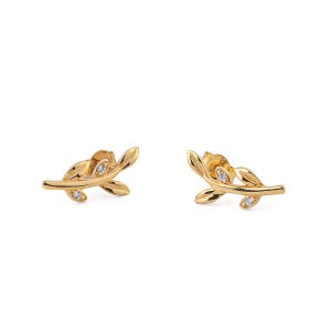 Olive Leaf Earrings With Zircon 9k Solid Yellow Gold, Dainty Leaf Stud Earrings, Leaf Earrings Olive Branch Earrings, Gold Stud Earrings