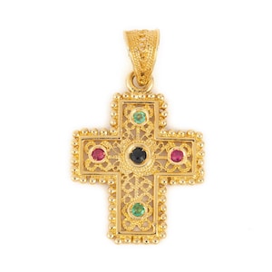 Multi Stone Byzantine Cross 18K Gold, Rubies Emeralds Sapphires, Vintage Cross, Solid Gold Gemstone Cross, Greek Baptism Cross