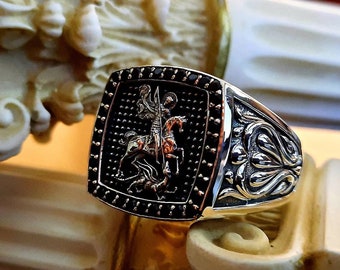 Saint George Sterling Silver Ring, Men Signet Ring, Embossed Orthodox Christian ring, Statement Rings for Men, Handmade Greek Ring