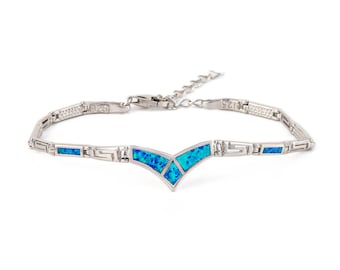 Greek Design Sterling Silver Meander Bracelet – Greek Key Opal Bracelet, Blue Opal Bracelet, Greek Jewelry, Handmade Gift for Her