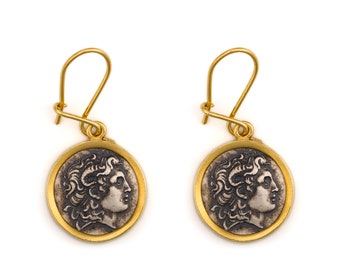 Boucles d'oreilles Alexandre le Grand - Boucles d'oreilles pendantes en argent doré, bijoux inspirés de la mythologie grecque antique, boucles d'oreilles grecques faites main, cadeau pour elle