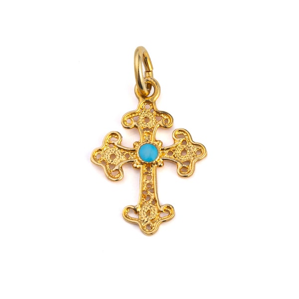Byzantine Cross Pendant with Turquoise Enamel, 18K Solid Gold Cross, Filigree Cross, Orthodox Cross, Greek Cross Necklace Protection Jewelry