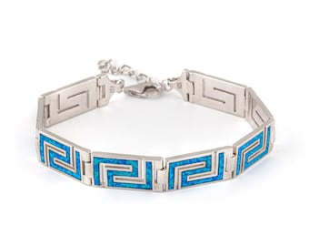 Pulsera de ópalo azul, pulsera de meandro con llave griega, pulsera de ópalo, pulsera griega hecha a mano, joyería de llave griega, joyería de meandro, regalo para ella