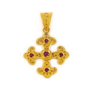 18K Solid Gold Filigree Cross with Gemstones, Byzantine Cross, Emeralds Rubies Sapphires, Greek Orthodox Cross, Greek Cross, Greek Jewelry