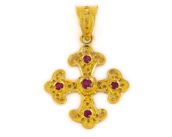 18K Solid Gold Filigree Cross with Gemstones, Byzantine Cross, Emeralds Rubies Sapphires, Greek Orthodox Cross, Greek Cross, Greek Jewelry