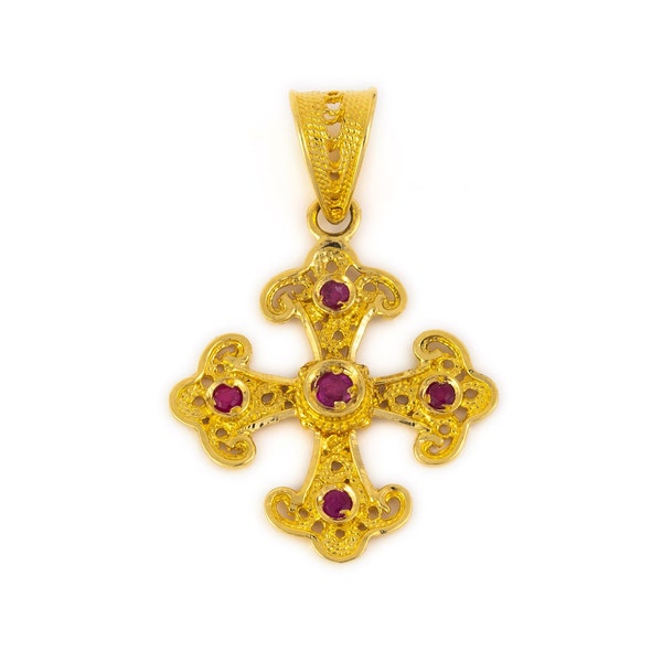 Croix en filigrane en or massif 18 carats avec pierres précieuses, croix byzantine, émeraudes rubis saphirs, croix orthodoxe grecque, croix grecque, bijoux grecs