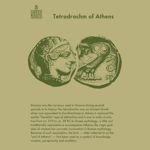 May include: A close-up of a silver tetradrachm coin from Ancient Greece. The coin features a profile of Athena on one side and an owl on the other. The text "Tetradrachm of Athens" is printed above the coin.
