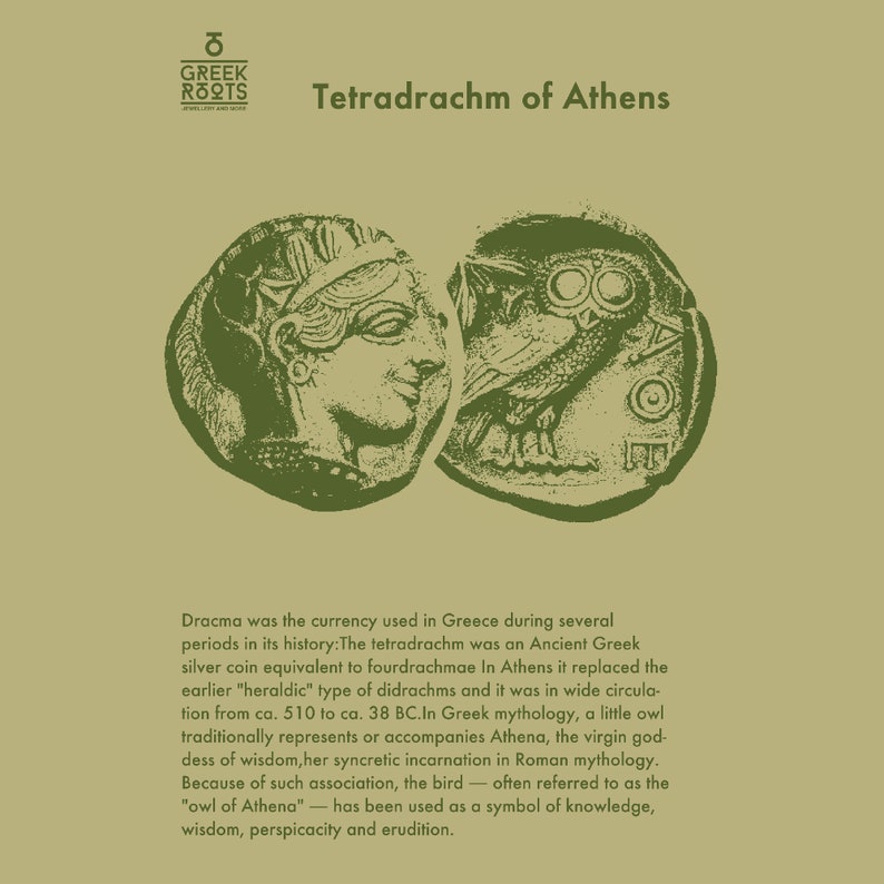 May include: A close-up of a silver tetradrachm coin from Ancient Greece. The coin features a profile of Athena on one side and an owl on the other. The text "Tetradrachm of Athens" is printed above the coin.