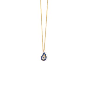14K Tiny Greek Evil Eye TearDrop Necklace. 14K Yellow Solid Gold. Blue and White Zircon. Good Luck and Protection Charm. Evil Eye Necklace