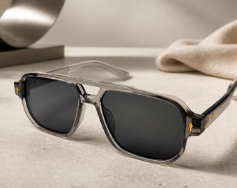 Graue Pilotenbrille mit schwarzen Gläsern, Retro-Stil, quadratische Gläser, Vintage, Unisex, UV400, modische Brille, Streetstyle, Retro-Pilotenbrille