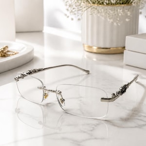 Rimless Glasses Rectangle Eyeglasses Vintage Eyewear Luxury Optical Frame Minimalist Glasses Women Men Prescription Silver Leopard Design