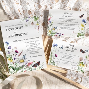 Butterfly Wildflower Wedding Invitation Template Set Editable Floral Suite  Boho Garden RSVP & Details Card Printable Corjl Invitation Set