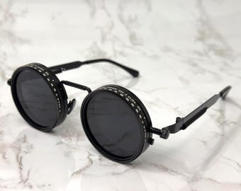 Gafas de sol redondas Steampunk polarizadas estilo retro gótico con tinte ajustable, estilo vintage, negras, con protección UV400, unisex, ideales para festivales.