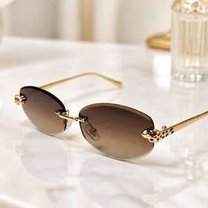 Rimless Oval Sunglasses Gradient Brown Lens Gold Frame Y2K Luxury Eyewear Retro Fashion Shades UV400 Unisex Style Rimless Retro Sunglasses