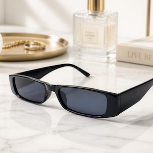Vintage Narrow Rectangle Sunglasses Retro Y2K Black Frame Dark Lenses Slim Unisex Fashion Eyewear UV400 Shades Retro Narrow Sunglasses Gift