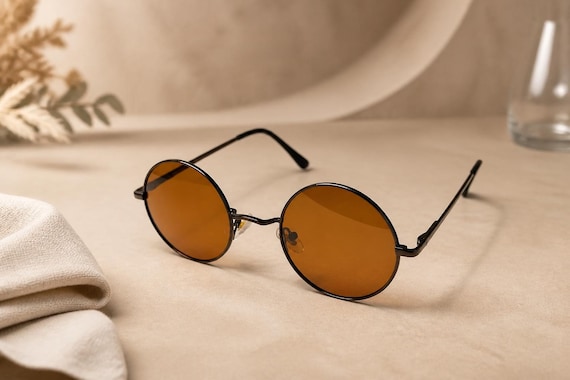 Small Face Round Lennon Sunglasses Brown Lens Vintage Retro Steampunk Style UV400 Polarized Lightweight Metal Unisex Fashion Eyewear Shades