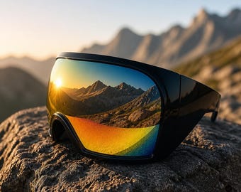 May include: Black ski goggles featuring a large, single-lens design with a reflective, mirrored surface. The lens displays a vibrant sunset reflection of mountain peaks, transitioning from bright yellow and orange hues to deep blue tones.