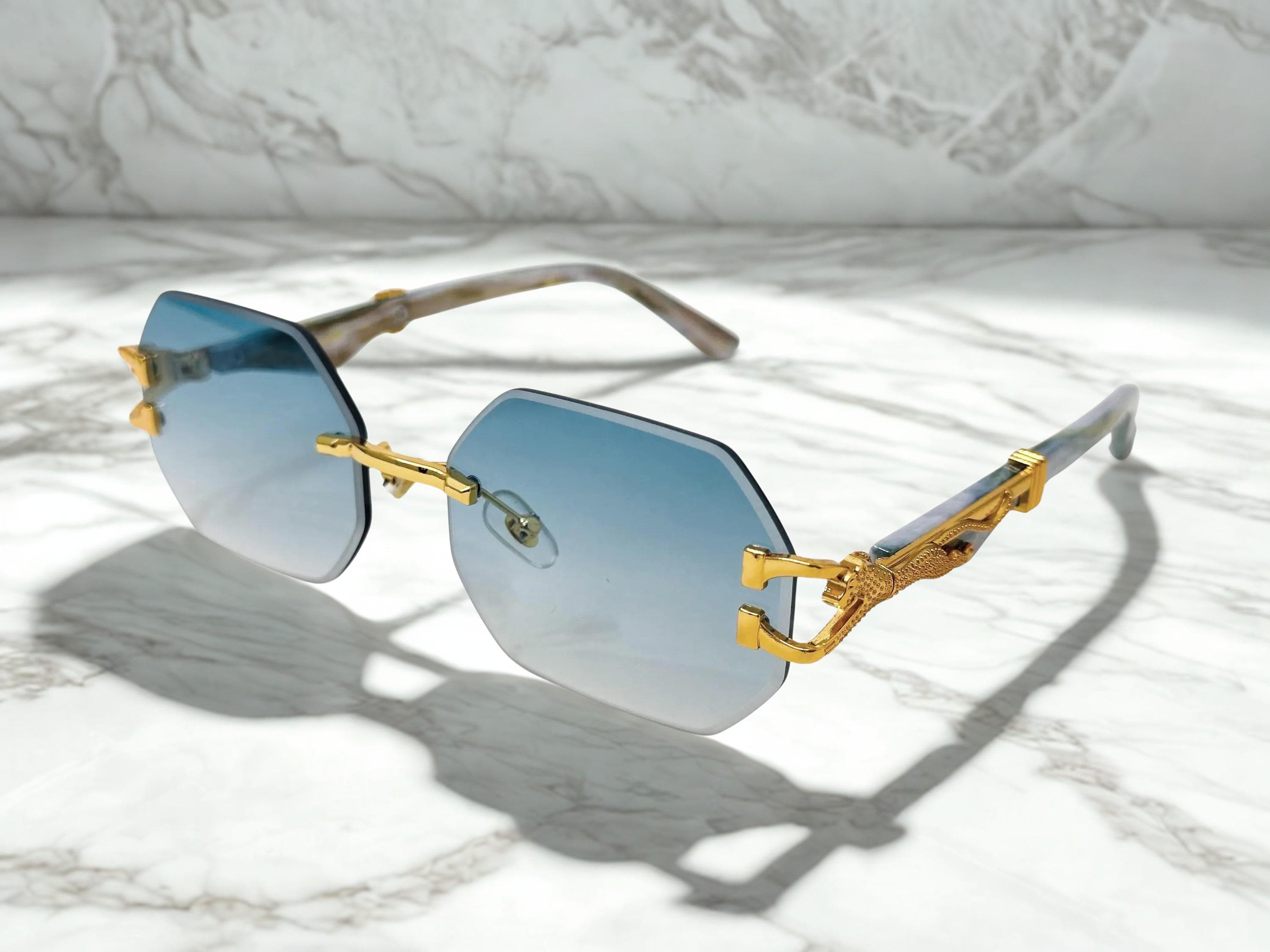 Chic Gold and Blue Sunglasses Gold Geek-Chic Titanium Geometric Tinted Sunglasses with  main image 2