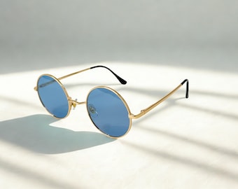 Round Blue Lens Sunglasses Gold Frame Retro Sunglasses Vintage Style Glasses, John Lennon Style Unisex Festival Eyewear Hippie Boho Shades