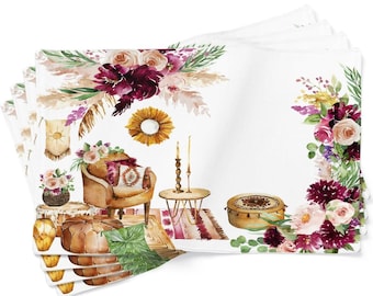 Platzset, 4er-Set, Autorenmotiv, 100 % Baumwolle, doppelseitig, umweltfreundlich, Blumenmuster, 33 x 48 cm, Wiesenmotiv, waschbar