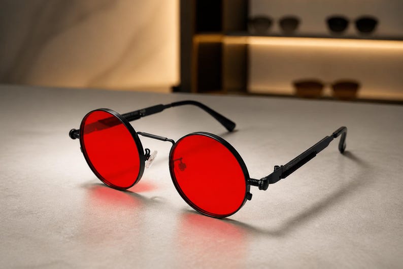 May include: Round sunglasses featuring vibrant red lenses and a thin black metal frame. The eyewear includes adjustable nose pads and slender black temples with a textured, mechanical-style hinge detail at the connection point to the frame.