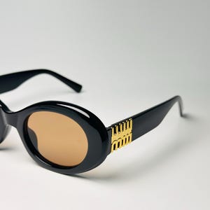 May include: Black oval sunglasses with brown lenses. The frames have a thick, glossy finish. Gold-colored accents are on the temples. The sunglasses are set against a white background.