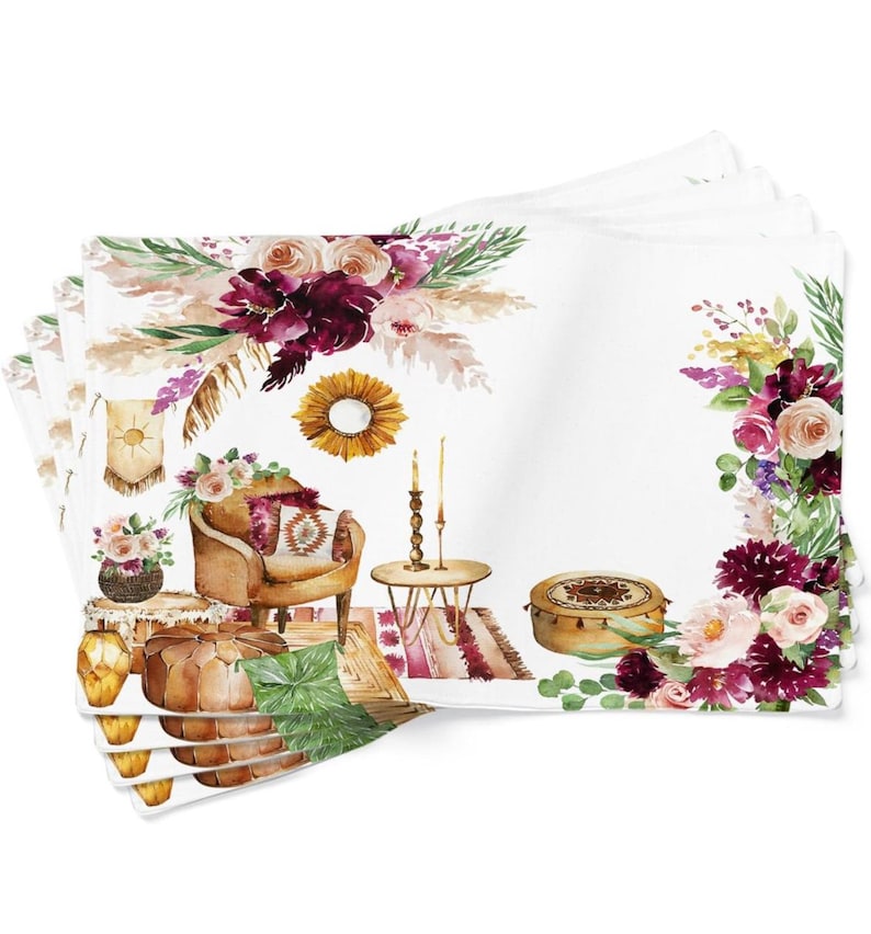 Tischsets 4er Set, Autorenarbeit, doppelseitig, Schmetterling, Öko, Blumen, 100% Baumwolle, 13x19 Zoll, Wiese, waschbare Tischset Boho Interior