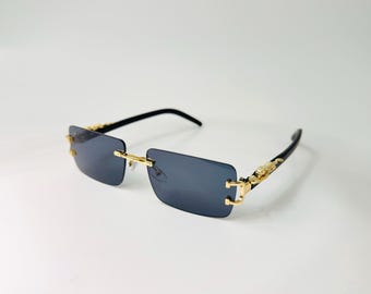 Gold Leopard Rimless Square Sunglasses for Men Women UV400 Luxury Fashion Shades with Gold Temples Vintage Style Retro Rimless glasses