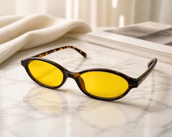 Leopardenmuster-Sonnenbrille, oval, gelbe Gläser, Y2K-Retro-Stil, schmale Vintage-Sonnenbrille, Schildpatt-Gestell, 90er-Jahre-Stil, Cat-Eye-Retro-Sonnenbrille