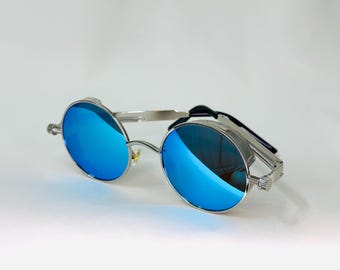 Round Flat Top Sunglasses Clear Plastic Frame Blue Lens  display picture 1