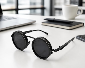 Steampunk Round Sunglasses Polarized Retro Gothic Glasses Adjustable Tint Vintage Round Eyewear Black UV400 Unisex Festival Goggles