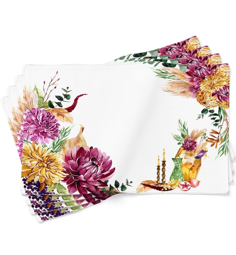 Tischsets 4er Set, Autorenarbeit, doppelseitig, Schmetterling, Öko, Blumen, 100% Baumwolle, 13x19 Zoll, Wiese, waschbare Tischset Boho Flowers