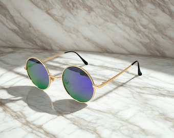 Lennon Style Round Sunglasses Green Lens Vintage Retro Steampunk Small Face Fit UV400 Lightweight Metal Frame Unisex Festival Eyewear
