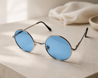 Ronde zonnebril met blauwe glazen en gouden montuur, retrostijl, vintage stijl, John Lennon-stijl, unisex festivalbril, hippie boho zonnebril