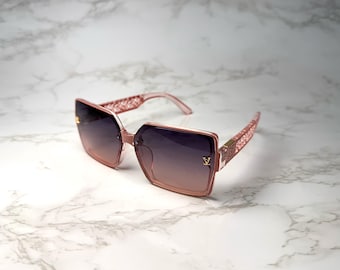 Occhiali da sole oversize di lusso con sfumature rosa per donna, montatura trasparente color cipria, occhiali da vista di design, protezione UV400, forma rettangolare.