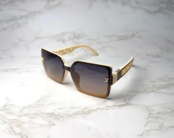 Occhiali da sole oversize color champagne avorio da donna con lenti sfumate marroni, eleganti occhiali da sole in stile resort, occhiali di lusso di tendenza, occhiali da sole quadrati