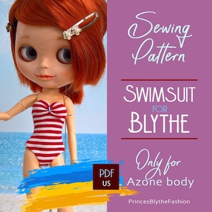 Op de afbeelding: Een naaipatroon voor een rood-wit gestreept badpak voor een Blythe-pop. Het patroon is voor een pop in Amerikaanse maat en is beschikbaar als PDF-download. De tekst op de afbeelding luidt "Naai-patroon Zwempak voor Blythe Alleen voor Azon lichaam PrincessBlytheFashion".