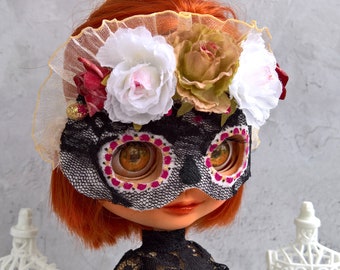 Sugar Skull Mask with flowers  for Blythe, OOAK Doll, Halloween Costume, blythe outfit