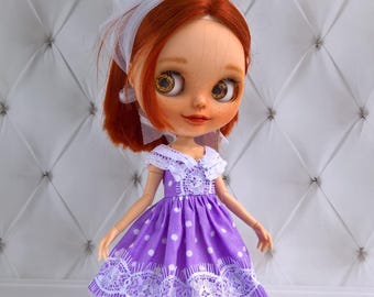 Blythe Gingham Dress, handmade, Fashionable Blythe outfit, Blythe Clothes