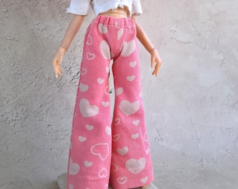 Blythe Doll Pink Heart Flared Jersey Pants, Handmade Doll Clothes Outfit