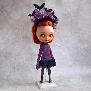 Conjunto de atuendo Blythe para Halloween, diadema, vestido de suéter morado, violeta, medias, vestido hecho a mano de moda para muñeca Blythe,